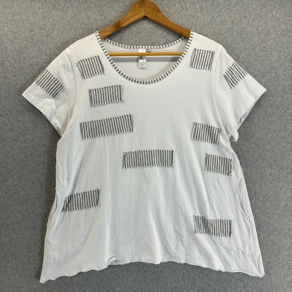 Flutter‎ Made With Love Size XL SS Shirt Top Patchwork White Gray Stripe Pockets